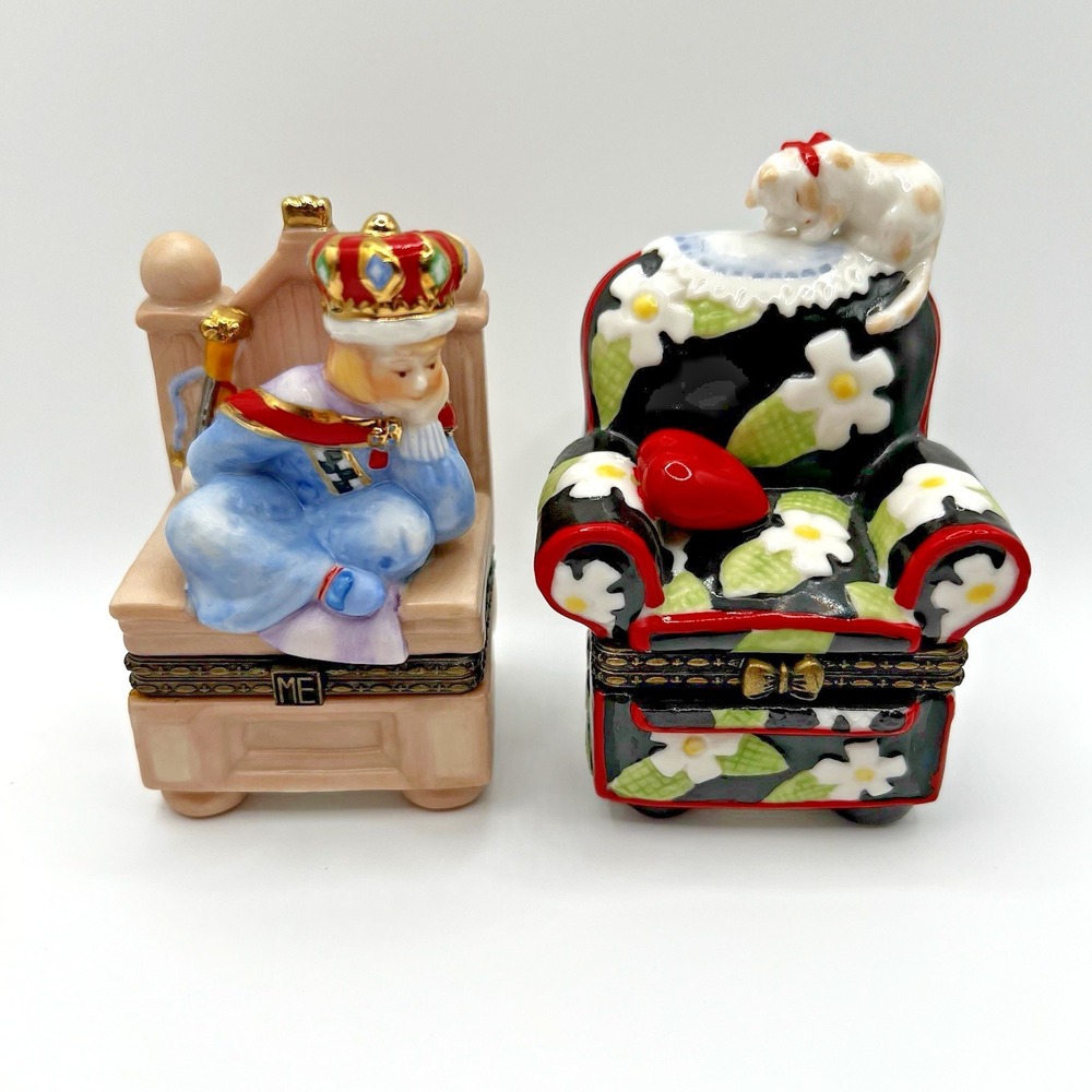 Mary Engelbreit Porcelain Trinket Boxes Floral Cat Queen on Throne Lot of 2